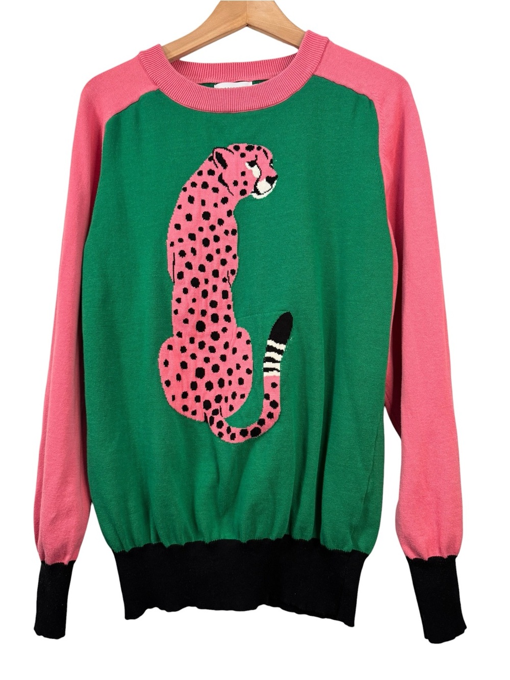 OXKnit Pink Green Colorblock Cheetah Sweater Womens Large Tagged 3XL Retro Cute